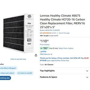 Lennox HVAC Systems  20x25x5 MERV 16 Furnace Air Filter Compatible